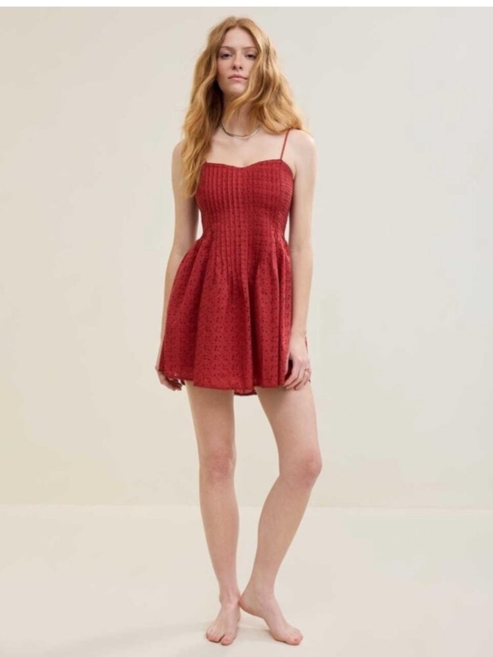 Smocked Eyelet Mini Dress in Deep Red